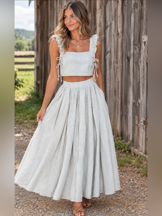 Altar'd State Dresses & Skirts - Altar'd State Light Blue Striped Two Piece Maxi Skirt w/ Cropped Top Medium